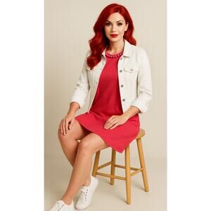 Boden Red Orange Cotton Shift Dress Pink Pom Pom Trim Sleeveless Size 10